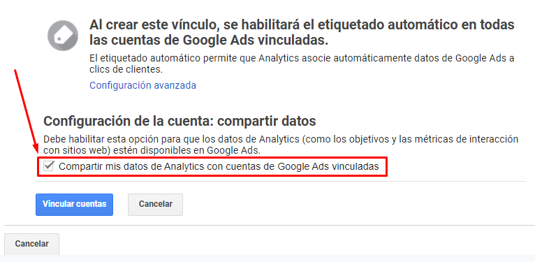 Vincular Google Ads con Google Analytics - Compartir datos